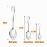 Mirror finish stainless steel spoon lengths: table spoon 20 cm, dessert spoon 14 cm and coffee spoon 9.5 cm