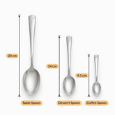 Stainless steel spoon lengths: table spoon 20 cm, dessert spoon 14 cm and coffee spoon 9.5 cm