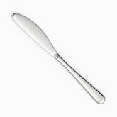 Single mirror-polished stainless steel table knife with plain rounded handle, diagonal view