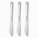 Three stainless steel table knives with engraved wave handles and serrated edges lined up in a row