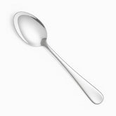 Single mirror-polished stainless steel table spoon with plain rounded handle, diagonal view