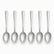Six stainless steel table spoons with engraved wave handles lined up in a row