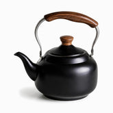 Medium matte black teapot with wooden knob and wooden grip handle