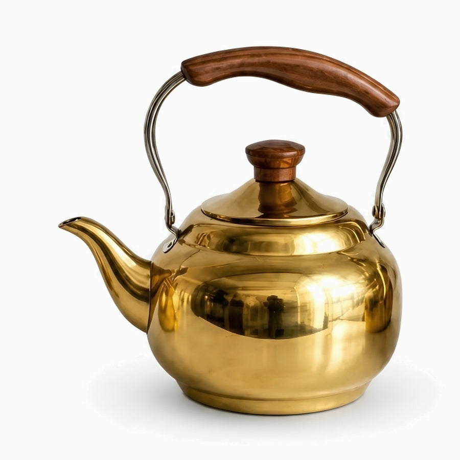 Small polished gold teapot with wooden knob and wooden grip handle