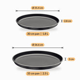 Pizza pan dimensions: 30 cm pan 31.4 x 2.8 cm 1.8 L and 35 cm pan 36.6 x 3 cm 2.5 L