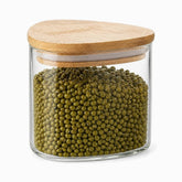 Triangular Glass Storage Jar with Airtight Bamboo Lid filled with mung beans