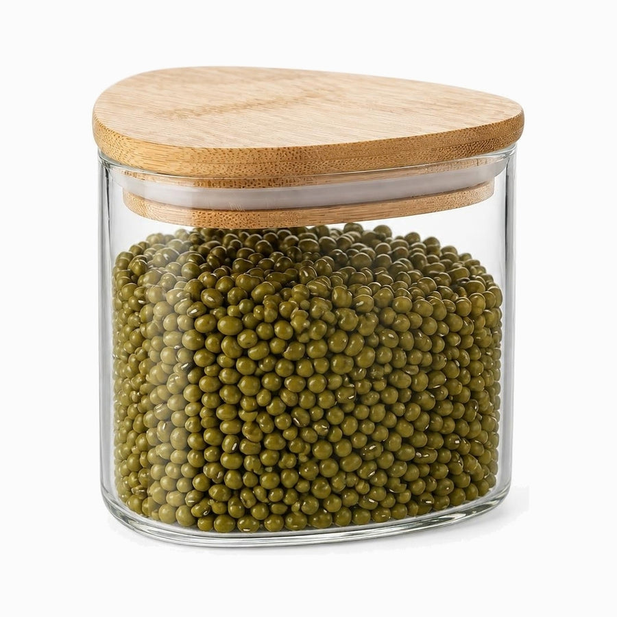 Triangular Glass Storage Jar with Airtight Bamboo Lid filled with mung beans