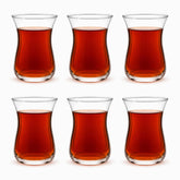 Turkish Tea Glasses Set of 6 140ml, six tulip-shaped clear glasses filled with red tea