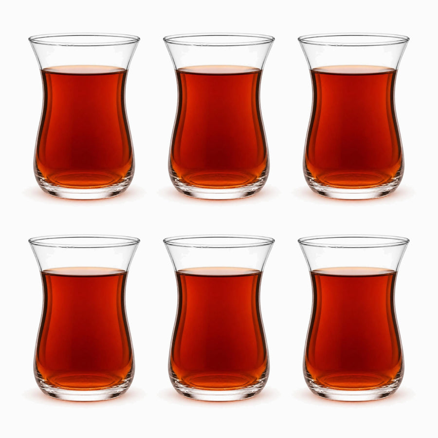 Turkish Tea Glasses Set of 6 140ml, six tulip-shaped clear glasses filled with red tea