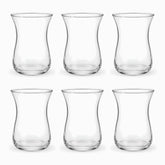 Six empty clear glass Turkish tea glasses with classic tulip shape