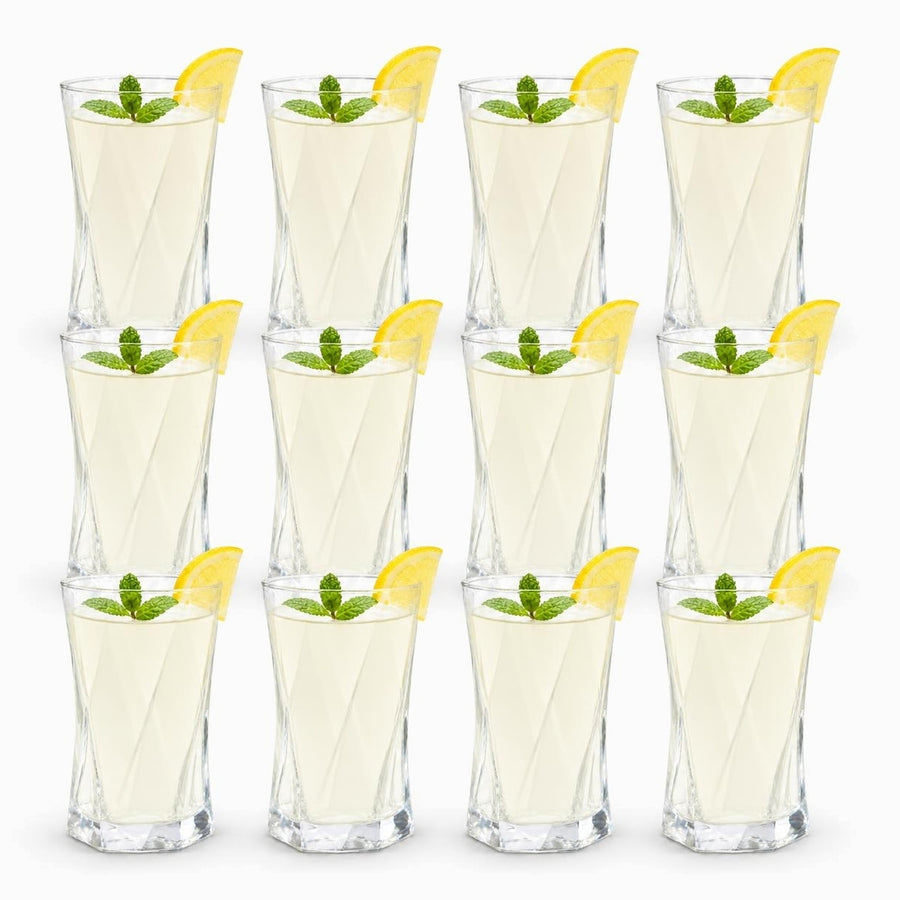 12 twisted diamond-cut glass tumblers in 3 rows filled with lemonade, mint and lemon wedges