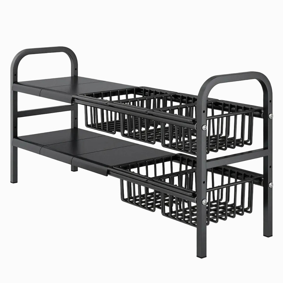 Under-Sink 3-Tier Multi-Purpose Kitchen Storage Rack - black expandable shelf with wire baskets