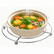 Ceramic pot of vegetable soup resting on a round stainless steel wire trivet