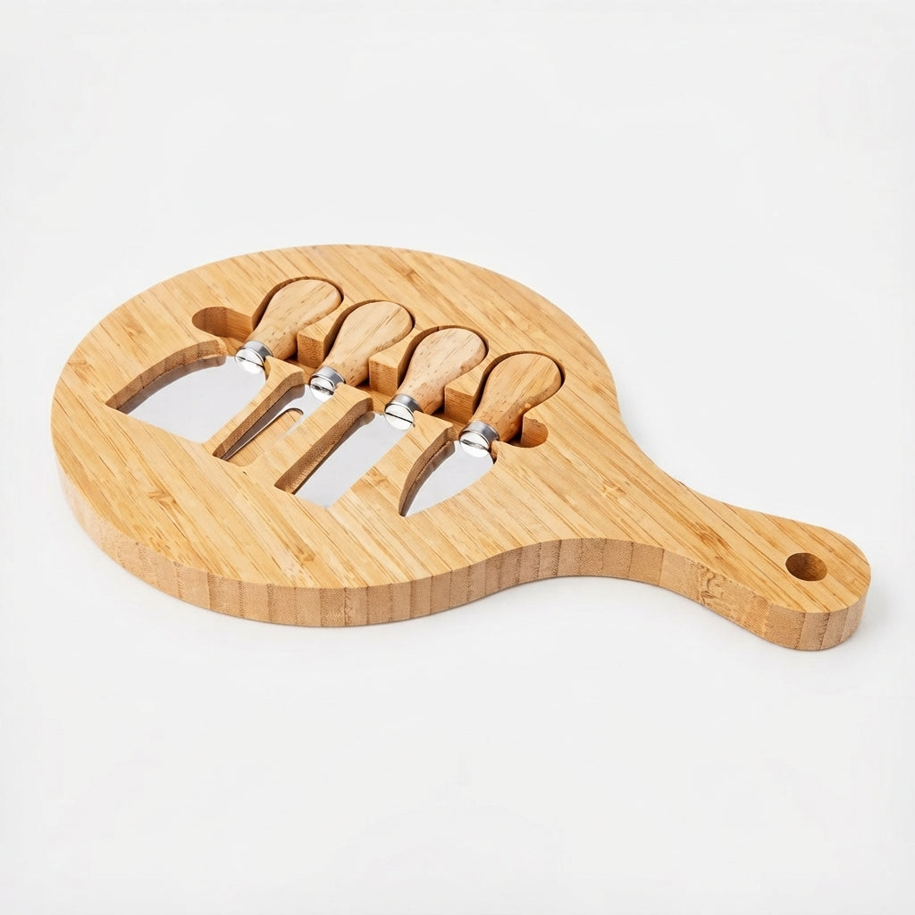 Round Bamboo Cheese Board with 4-Piece Knife Set