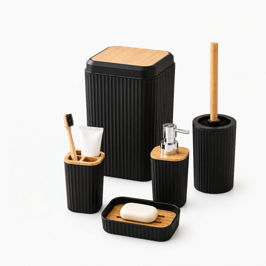 5-Piece Ribbed Bathroom Accessories Set with Bamboo