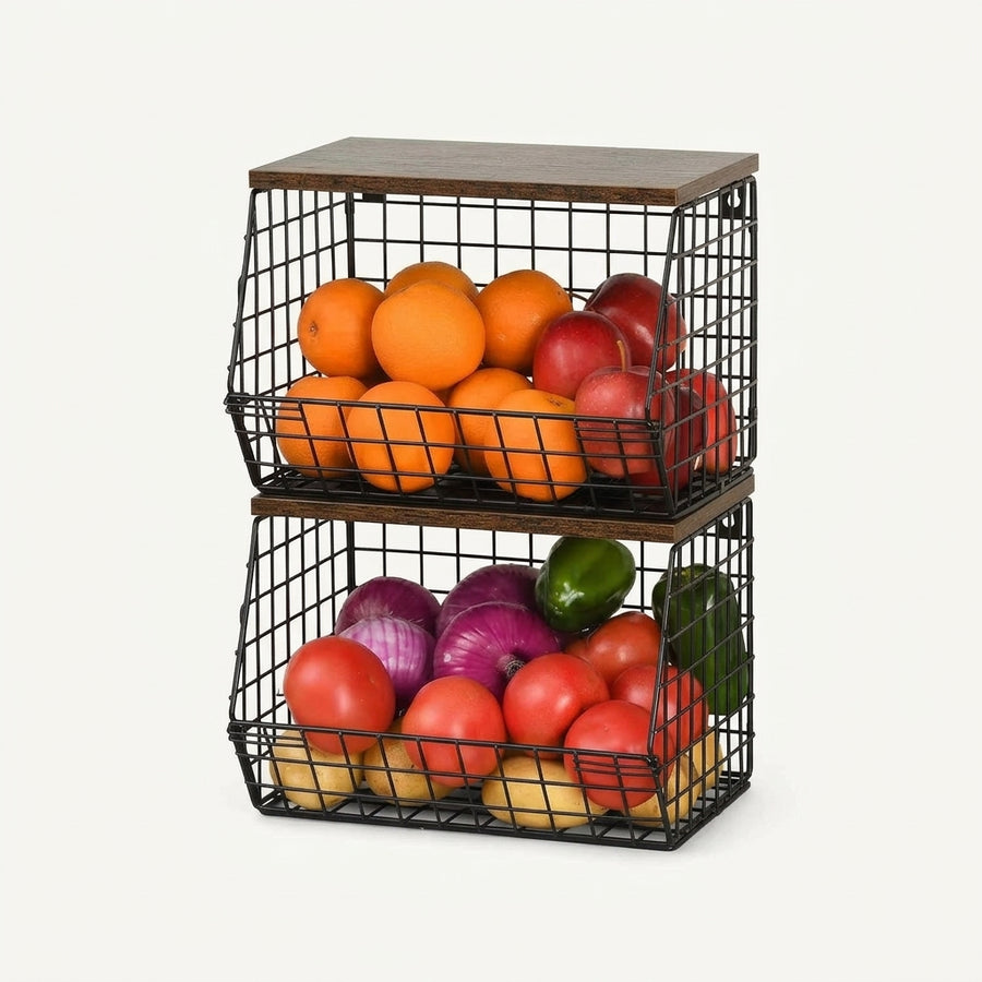 2-in-1 Black Stainless Steel Fruit Basket with Wooden Lid