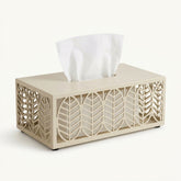 Beige Metal Tissue Box Cover with Leaf Cut-Out