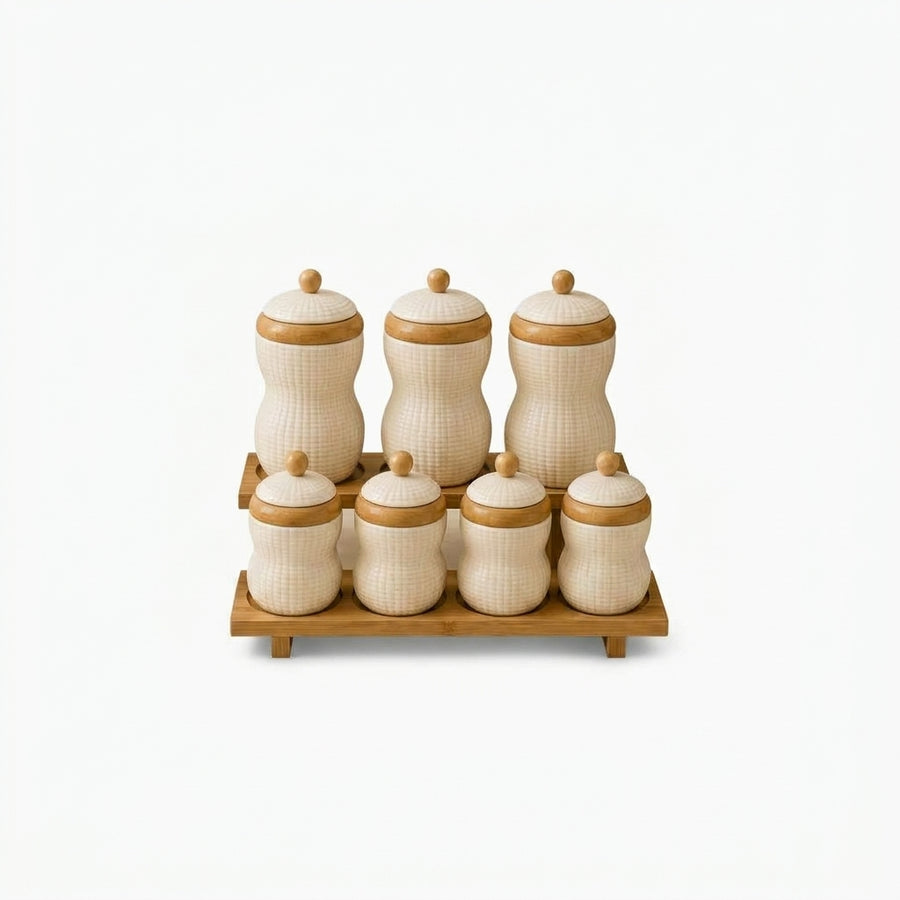 Porcelain Canisters with Bamboo Lids & Rack
