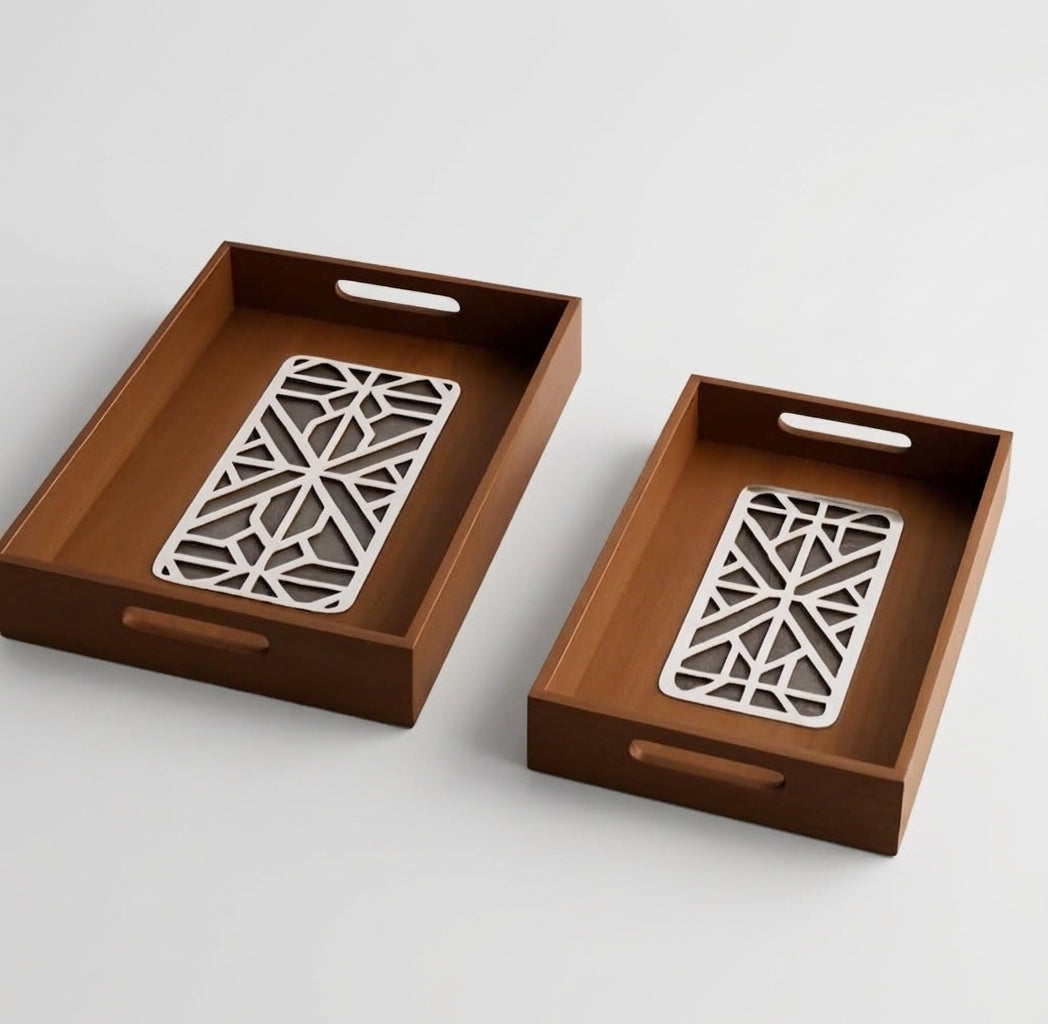 Rectangular Wooden Serving Tray Set with Geometric Inlay – 2 Pieces