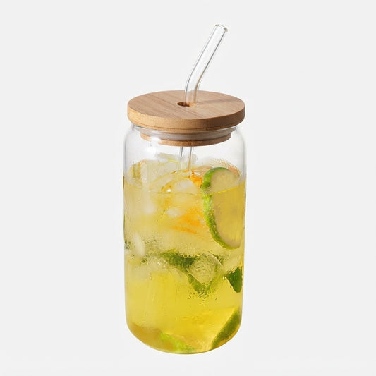 Glass Cup with Bamboo Lid & Straw, 550ml