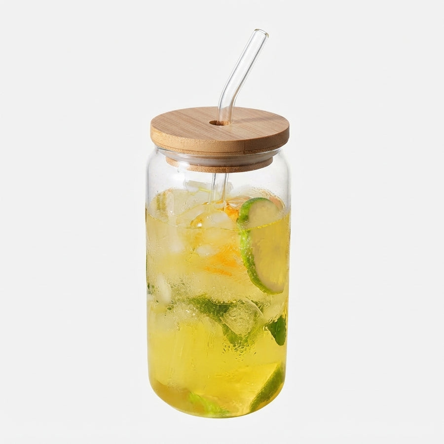 Glass Cup with Bamboo Lid & Straw, 550ml