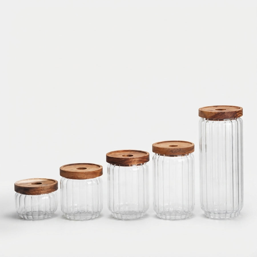 Glass Food Storage Containers with Burnt Wood Lids, Set of 5