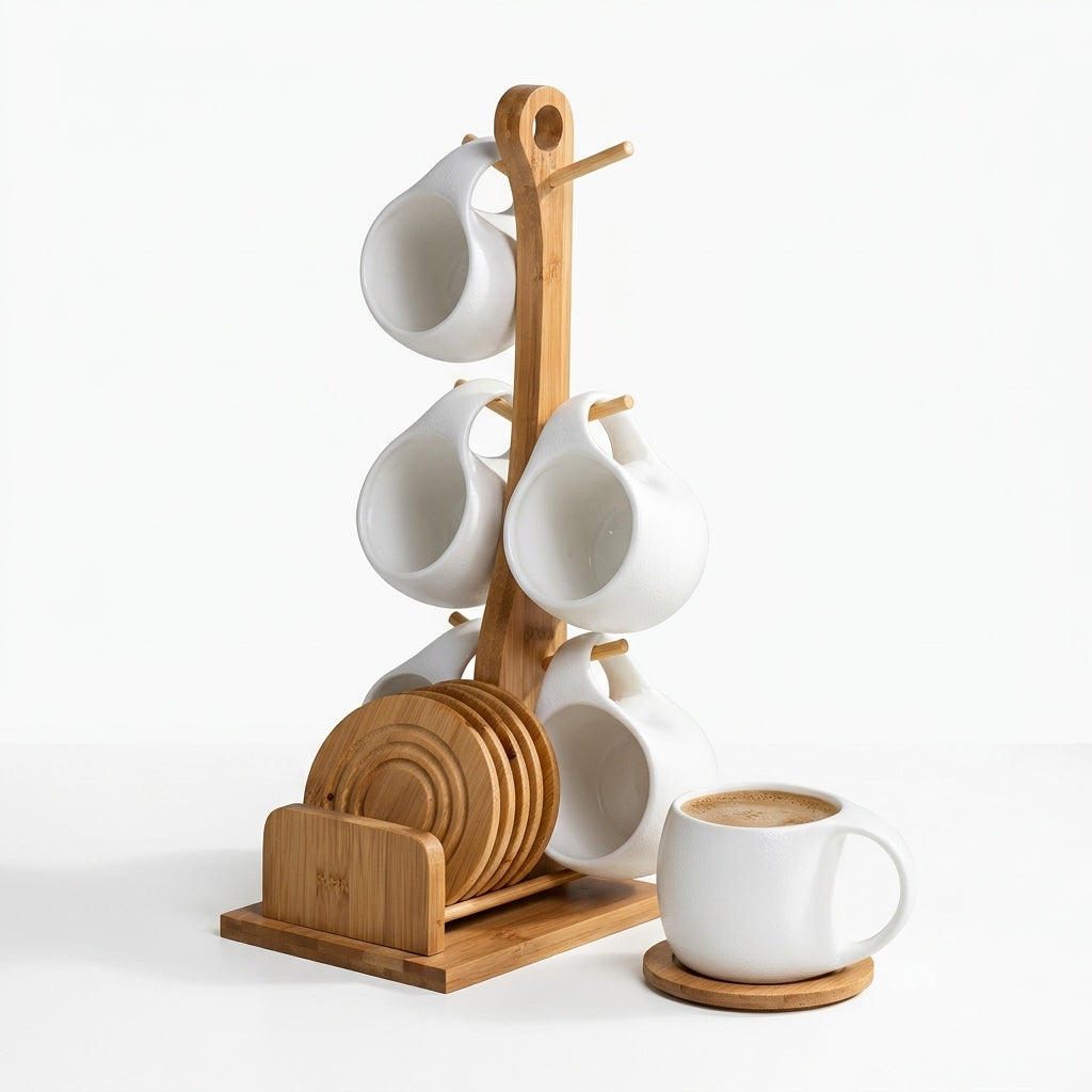 Bamboo Display Stand with 6 Teacups & 6 Bamboo coasters