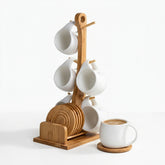 Tea Cups with Bamboo Stand & Coasters, Set of 6