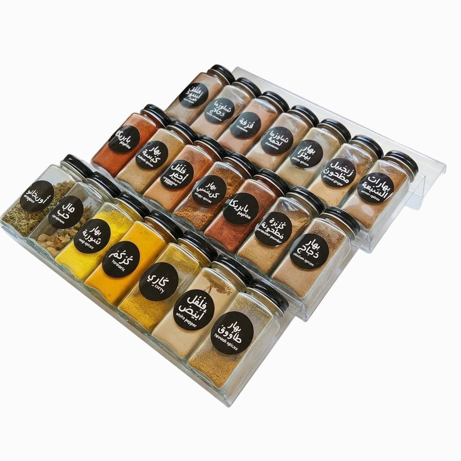 Acrylic In-Drawer Spice Rack Organizer with 21 Glass Jars & Labels