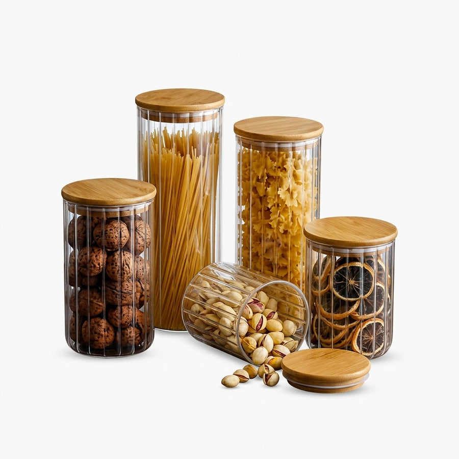 Ribbed Glass Jars with Bamboo Lids, Set of 5, 8cm