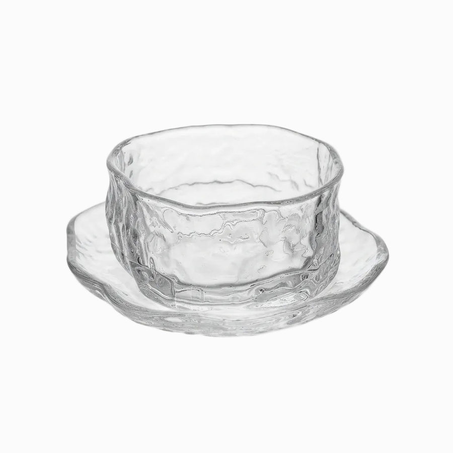 Wavy Glass Dessert Bowls with Saucers, Set of 6 - clear hammered glass bowl with saucer