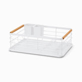 Empty white metal dish rack with bamboo handles, cutlery holder and drip tray