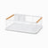 Empty white metal dish rack with bamboo handles, cutlery holder and drip tray