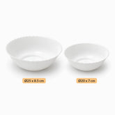 White glass serving bowls side by side, 25 x 8.5 cm and 20 x 7 cm
