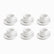 Six empty white porcelain coffee cups on matching saucers in 2 rows