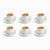 White Porcelain Coffee Cups & Saucers Set of 6 72ml, six cups filled with espresso and golden crema in 2 rows