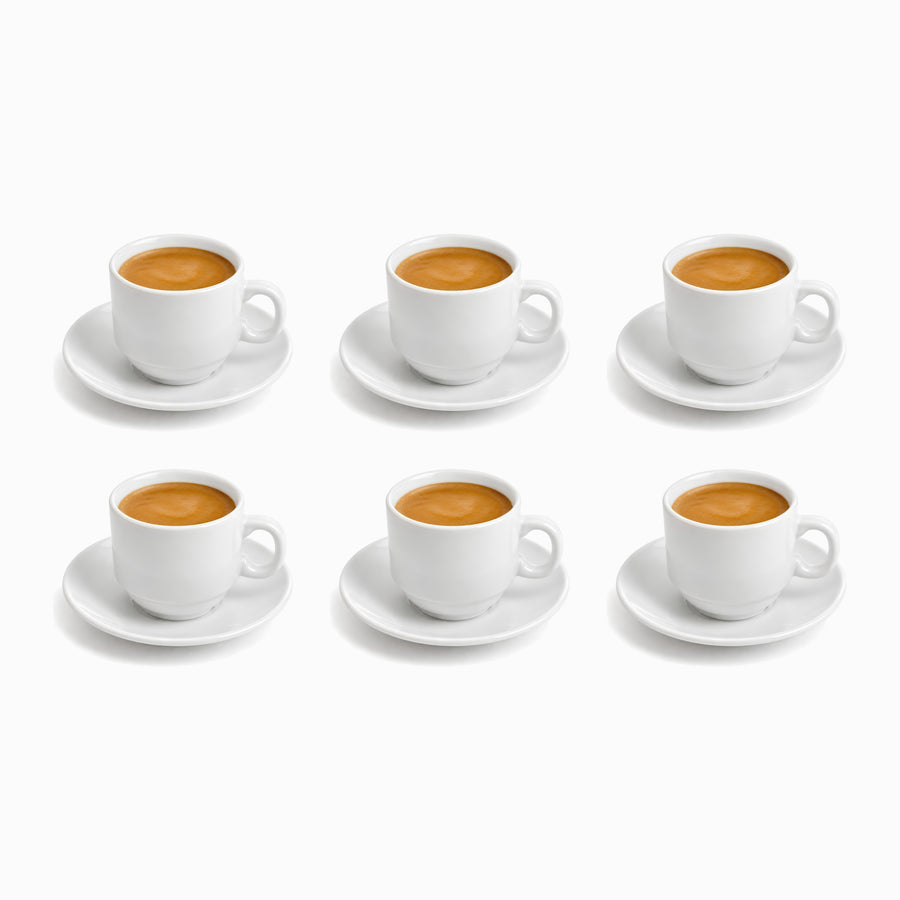 White Porcelain Coffee Cups & Saucers Set of 6 72ml, six cups filled with espresso and golden crema in 2 rows