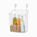 White wire over-the-door basket with hooks holding oil, juice and water bottles and a kraft box