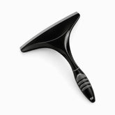 Black plastic window squeegee with grey rubber grip pads, hanging hole and grey rubber wiper blade