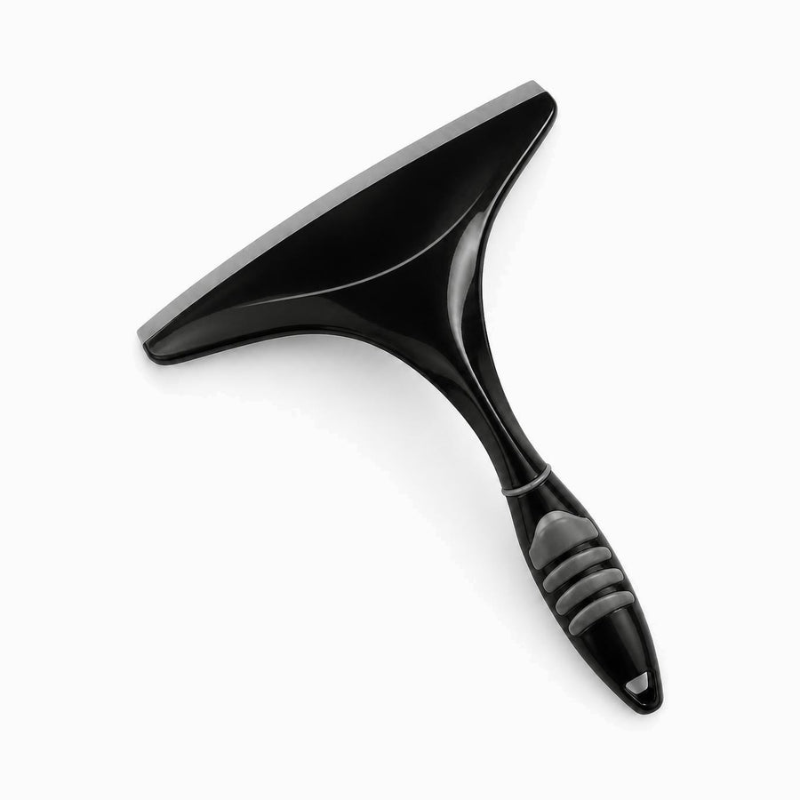 Black plastic window squeegee with grey rubber grip pads, hanging hole and grey rubber wiper blade