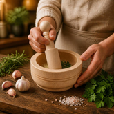 Hands crushing garlic and herbs with a wooden mortar and pestle on a dark kitchen counter